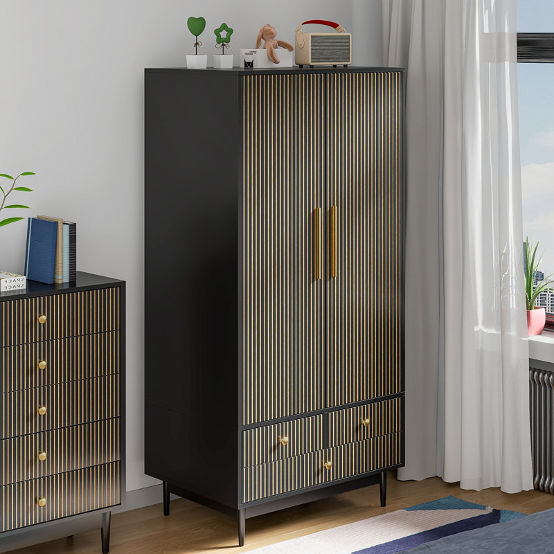 Mercer41 Armoire Wardrobe Closet With 2 Fluted Doors 3 Drawers Shelves And Hanging Rod Freestanding Closet For Bedroom Reviews Wayfair